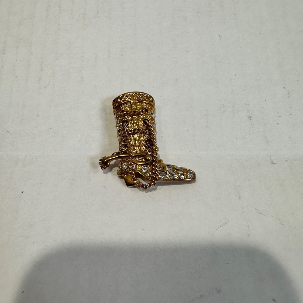 Gold Rhinestone Cowboy Boot Brooch Western Rodeo Bling Statement Jewelry